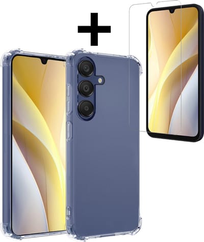 Hoesje - Met Screenprotector - Geschikt voor Samsung Galaxy A15 - Sterk & Shockproof - Siliconen Case - Back Cover - Telefoon Hoes - Shock Proof - Telefoonhoesjes - Transparant