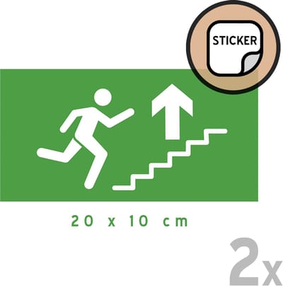 Pictogram/ stickers (2x) | 20 x 10 cm | Nooduitgang - Trap naar boven | Vluchtroute | Noodgeval | Brandweg | Noodsituatie | Nooddeur | Brandweer | Wettelijk verplicht | Nood | Universeel | Rechthoek | 2 stuks