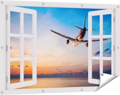 Gards Tuinposter Doorkijk Vliegtuig Boven de Zee bij Zonsondergang - 120x80 cm - Tuindoek - Tuindecoratie - Wanddecoratie buiten - Tuinschilderij