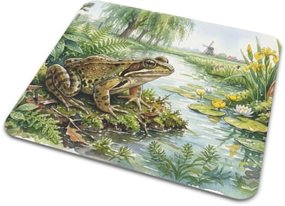 Muismat Bruine Kikker - Amfibie bij Waterlelie & Riet Illustratie - Hollands Landschap "Aquarel Series" Mousepad - Bureau Benodigdheden Cadeau voor haar: Vrouw, Vriendin & Collega - Natuurfotografie Stijl - Vijver & Slootkant Design