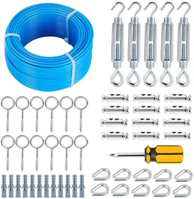 53 Stuks Waslijndraad Met Stalen Kern - Wasdraad - Waslijn - Inclusief Diverse Accessoires - PVC-Gecoate Kabelset - 100 Voet - Voor Waslijnen, T-Palen, Wijnranken en Het Ophangen Van Lichtsnoeren - Blauw