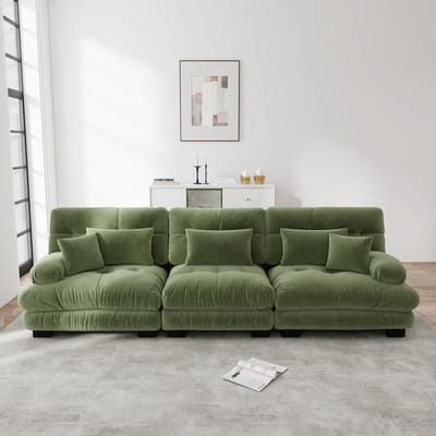 3-zits modulaire hoekbank - met diepe zitting - slaapbank - met lendenkussen en sierkussen - met brede armleuning - groen