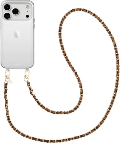 xoxo Wildhearts siliconen hoesje geschikt voor iPhone 17 Pro Max - Classic Chain - Leopard (lang koord) - Telefoonhoesje - Hoesje met koord - Schakelketting - Lang telefoonkoord - Luipaardprint met goud - Transparant hoesje