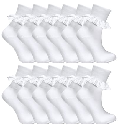 12 Paar Witte Frilly Lace Sokken 7 Maten Sok Snob - Wit
