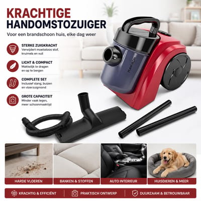 Handstofzuiger / DraadloosNetstroom Handzuiger / Stofzuiger op snoer – 230V – Met vloermondstuk, 2 kunststof buizen, slang, filter & stofbak – Perfect voor auto, trap, werkbank, hoekjes & kleine ruimtes