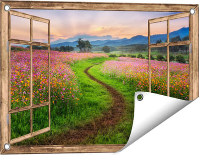 Gards Tuinposter Doorkijk Kosmos Bloemenveld met een Pad - Bloemen - 60x40 cm - Tuindoek - Tuindecoratie - Wanddecoratie buiten - Tuinschilderij