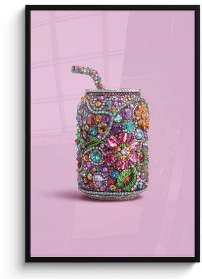 Poster in lijst - Fotolijst 80x120 cm - Posters - Frisdrankblikje - Bloemenpatroon - Edelstenen - Kleurrijk - Posterlijst zwart - Decoratie - Wanddecoratie woonkamer - Muurdecoratie slaapkamer