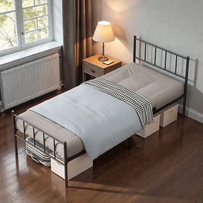 KUTAS Bedframe - Metalen Bed - 90x200 cm - met Hoofdbord en Lattenbodem - Eenpersoonsbed - met 32 cm Opbergruimte - Heavy Duty - Stevig - Gemakkelijk te Monteren - Draagkracht 350 kg - Zwart