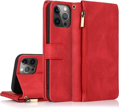 Casemania Hoesje Geschikt voor Apple iPhone 13 Pro - Rood - Luxe Portemonnee Book Case met Rits & Extra Vakken