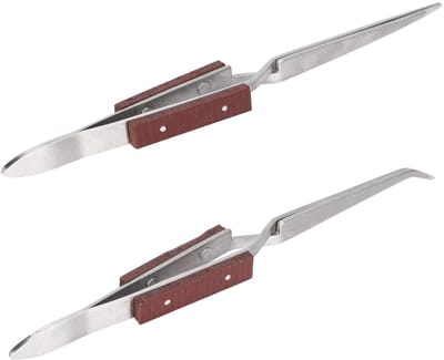 Dailygoods- Pincet Set 2 Stuks - Zelfsluitend - Houten Handvat - Antislip - Rechte/Gebogen Punt - Geschikt voor DIY Ambachtelijk Werk - Soldeerpincet