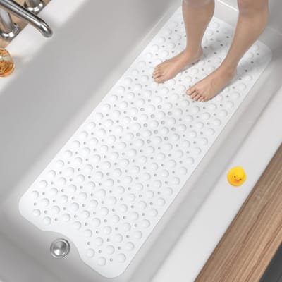 Antislip Badmat voor Bad en Douche - 101 x 40 cm Extra Groot, Antischimmel en Machinewasbaar met Zuignappen en Afvoergaten, Zacht en Veilig voor Voeten, Wit