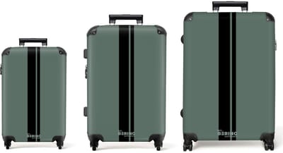 NoBoringSuitcases.com® - Kofferset 3 delig - Koffer lichtgewicht - Groen met dubbele streep - Reiskoffer set met 4 wielen - Handbagage trolley - Middelgrote rolkoffer - Ruimbagage koffer - Koffers met TSA slot