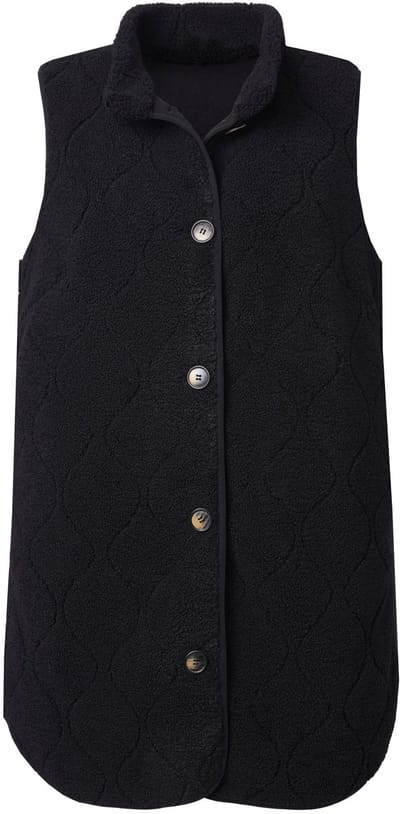 Ulla Popken - Dames - Teddy vest opstaande kraag A-lijn mouwloos - Zwart - Maat 46+