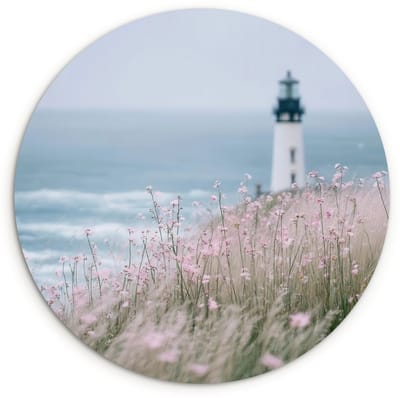 WallCircle® Wandcirkel 120x120 cm - Muurcirkel Vuurtoren - Klif - Zee - Bloemen - Muurdecoratie woonkamer - Wanddecoratie slaapkamer - Kamer decoratie accessoires - Ronde schilderijen XXL