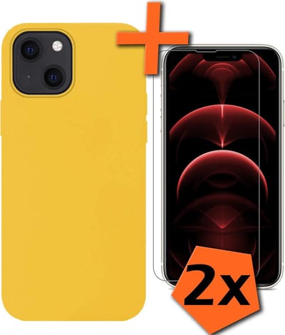 Hoes - Met 2x Screenprotector - Geschikt voor Apple iPhone 13 Mini - Sterk & Shockproof - Back Cover - Siliconen Case - Telefoon Hoes - Geel