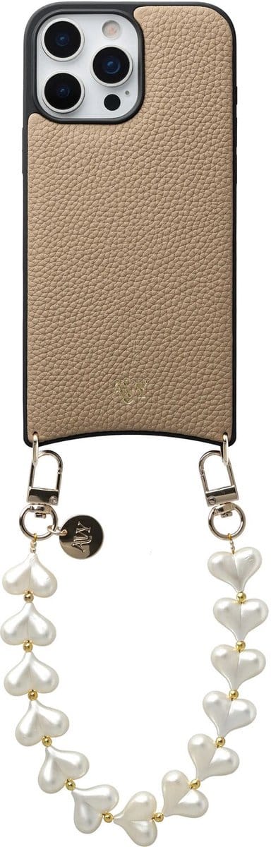 AVY Leren Hoesje Geschikt voor Apple iPhone 16 Pro Max | Compatibel met MagSafe | Leather Case met Telefoonkoord | Polsbandje | Beige | Cupid Pearl
