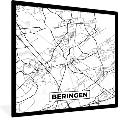 Fotolijst incl. Poster Zwart Wit- Zwart Wit – België – Plattegrond – Stadskaart – Kaart – Beringen - 40x40 cm - Posterlijst