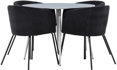 Plaza eethoek tafel Ø100cm en 4 fluwelen stoelen met armleuningen grijs.