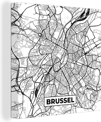 Canvas Schilderij Plattegrond – Brussel – Zwart Wit – Stadskaart - Kaart - België - 20x20 cm - Wanddecoratie