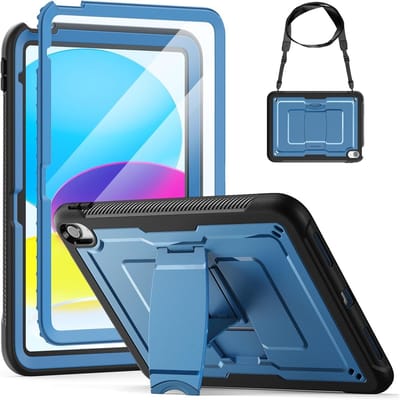 Shockproof iPad A16 11e/10e Generatie Hoes met Schermbeschermer, Vouwbare Stand en Schouderband, Blauw, 11/10.9 inch