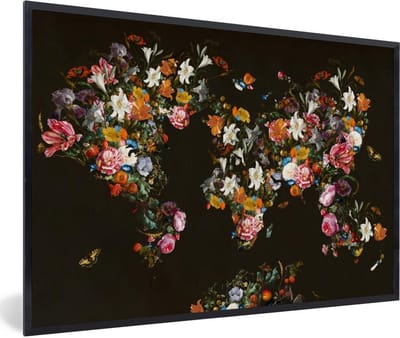Poster in lijst - Fotolijst 90x60 cm - Posters - Wereldkaart - Bloemen - Vlinder - Zwart - Posterlijst zwart - Decoratie - Wanddecoratie woonkamer - Muurdecoratie slaapkamer