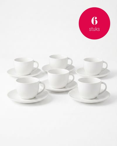 vtwonen - Basic - Set van 6 - Kopjes en schotels - Wit - Porselein