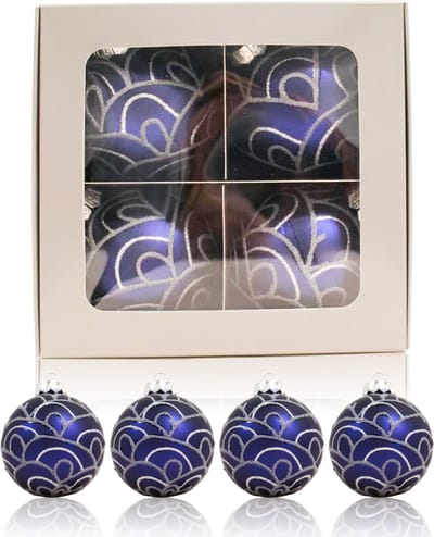 Kerstballen Glas | 4 Stuks | Glas | Donkerblauw | Zilver | Ø 75 mm