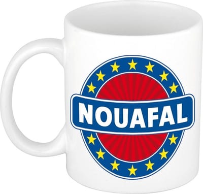 Bellatio Decorations - Nouafal voornaam - koffiemok - beker - wit/blauw - 300 ml - Cadeau - Heren - Collega - Vaderdag - Verjaardag