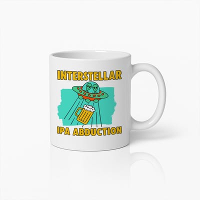 Witte Mok 330ml – “Interstellar IPA Abduction” Grappige Alien & Bier UFO Cartoon Koffiebeker