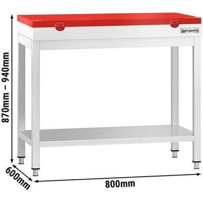 GGM Gastro Edelstahl Arbeitstisch PREMIUM - 800x600mm - mit Grundboden - inkl. Schneideplatte Rot