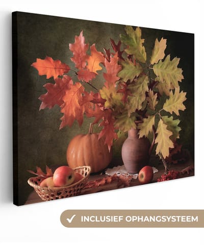 Canvas schilderij 40x30 cm - Wanddecoratie Stilleven - Pompoen - Bladeren - Appel - Kersen - Herfst - Muurdecoratie woonkamer - Slaapkamer decoratie - Kamer accessoires - Schilderijen op canvas