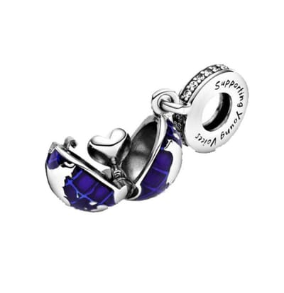 Fler® | Bedel | Past op populaire bedel armbanden (standaard-3mm) | armbandbedel | Blue Planet bedel | Wereldbol | 'Supporting young voices' | Hangbedel Charm | 925 Sterling Zilver | Emaille blauw | Zirkonia transparant | Cadeau |
