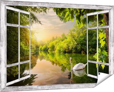 Gards Tuinposter Doorkijk Zwaan op het Water in het Bos - 150x100 cm - Tuindoek - Tuindecoratie - Wanddecoratie buiten - Tuinschilderij
