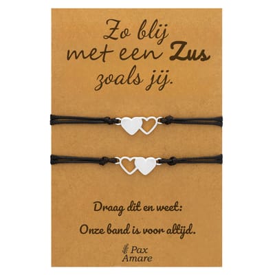 Vriendschapsarmbandjes voor 2 "Zo blij met een zus zoals jij" - Hartjes - Sisters Armbandjes met Cadeau Kaartje - Zilverkleurig - Elastisch Verstelbaar - Pax Amare