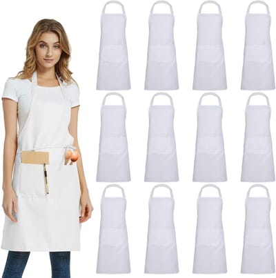 12-Delig Wit Schorten Set - Unisex Keukenschort met Diepe Zakken - Ideaal voor Koken, Schilderen en Ambachtelijk Werk - Eenvoudig te Onderhouden en Te Wassen
