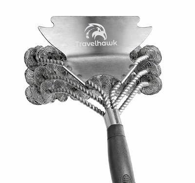 Travelhawk BBQ Borstel - Staal - Staalborstel - Reinigingsborstel - RVS Geborsteld - Barbecueborstel - Ergonomisch Handvat - Zilver