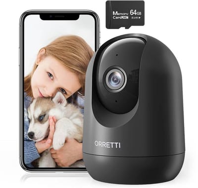 Orretti® X21 - Beveiligingscamera binnen - 2K Ultra HD + 64GB SD Kaart - Huisdiercamera met App - DUALBAND Wifi Camera - beweging en geluidsdetectie - Bewakingscamera - Babyfoon - 2.4/5 GHz - Zwart