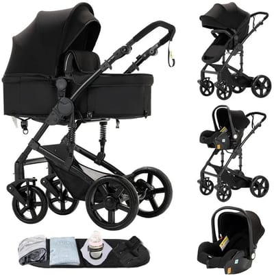 Deliqa 3 in 1 kinderwagen - zwart- buggy - wandelwagen - eenvoudig inklapbare kinderwagen - compact opvouwbaar - inclusief reiswieg / autostoel , buggy , ligbak , voetenzak, regenhoes , klamboe - verstelbare handvat - vering