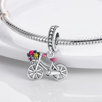 Authentieke Originele Bedel Kralen Componenten Koperen Metaal Creatieve Bloem Fiets Hanger Kralen Componenten Compatibel Met Bedel Kralen Componenten Plata white