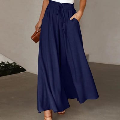 Dames Zomer Elastische Taille Hoge Taille Wijde Pijp Lange Rok Broek XL marineblauwe kleur