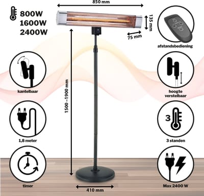 Leak-Care Staande Terrasverwarmer - Infrarood - 2400W - Met Timer & Afstandsbediening - 3 Standen - Zilver/Zwart
