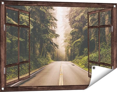 Gards Tuinposter Doorkijk Highway in Californië Omring met Bos - 90x60 cm - Tuindoek - Tuindecoratie - Wanddecoratie buiten - Tuinschilderij