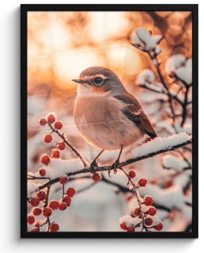 Poster in lijst - Fotolijst 50x70 cm - Posters - Vogel - Tak - Winter - Dieren - Sneeuw - Posterlijst zwart - Decoratie - Wanddecoratie woonkamer - Muurdecoratie slaapkamer