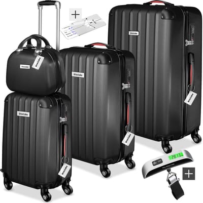 tectake® 4-delige Kofferset - Reiskoffer Set Inclusief Bagage Weegschaal en Label - 360° wielen - ABS Harde Schaal - Koffer met TSA-Cijferslot - Stapelbaar - Trolley Handbagage - Ruimbagage - 95L, 64L, 39L Koffers en 11L Beautycase - Zwart