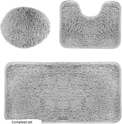 Badkamermat Set Met Toiletmat Antislip - 3 Delig – Douchemat – Badkamermat – Vloermat – Badmat set wc mat – Badmat set antislip -Grijs-gemaakt van textiel met een poollaag-polyester pluche stof