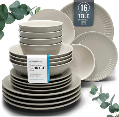 Pure Living Hygge 16-Delig Serviesset - Lichtbruin - 4 Personen - Krasbestendig - Ribbelstructuur