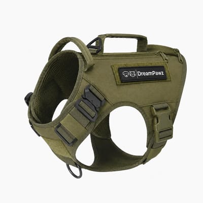 DreamPawz - Tactical Hondentuigje met Pockets - K9 Hondenharnas - 2 Ritsen Zijde - 1 Airtag Pocket - Anti-Trek - Extra Controle - Verstelbaar - Groen - M