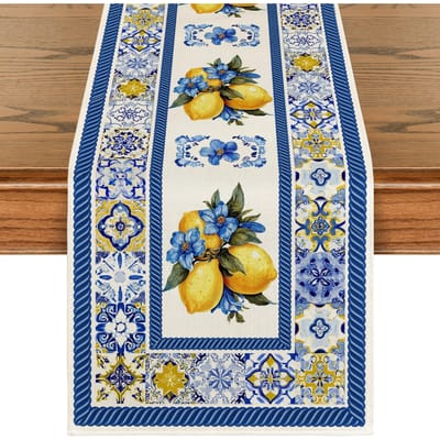 Zomer Citroen Blauw Porselein Linnen Tafelkleed Huis Tafeldecoratie Herbruikbaar Keuken Eettafelkleed Bruiloft Decoraties 150x33cm blue