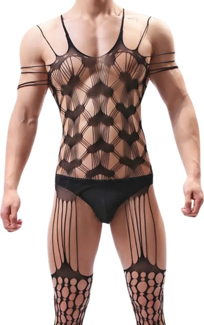 LekkerStout Heren Bodysuit - Hartjesprint - Zwart - Sexy Herenlingerie | S-L | ( LS176 )