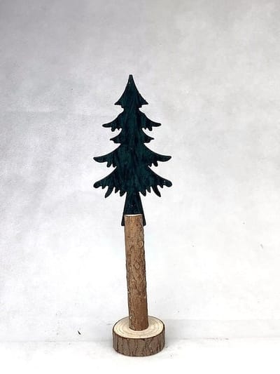 Mansion atmosphere - Houten boomstam met Kerstboom bekleed met groen fluweel - 20x10x36.5 cm